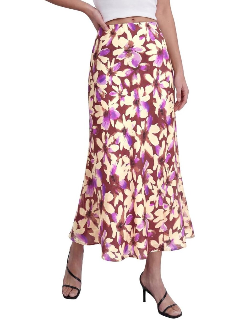 Women Floral Brown Beige High Waisted A-Line Silky Flowy Bias Cut Midi Skirt